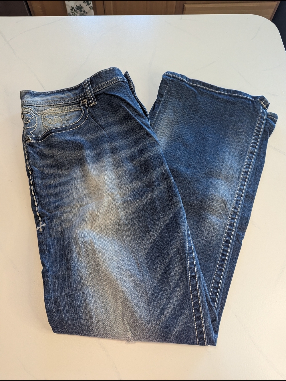 Affliction Men’s Cooper Relaxed Boot Cut Distressed Premium Biker Jeans Size 40